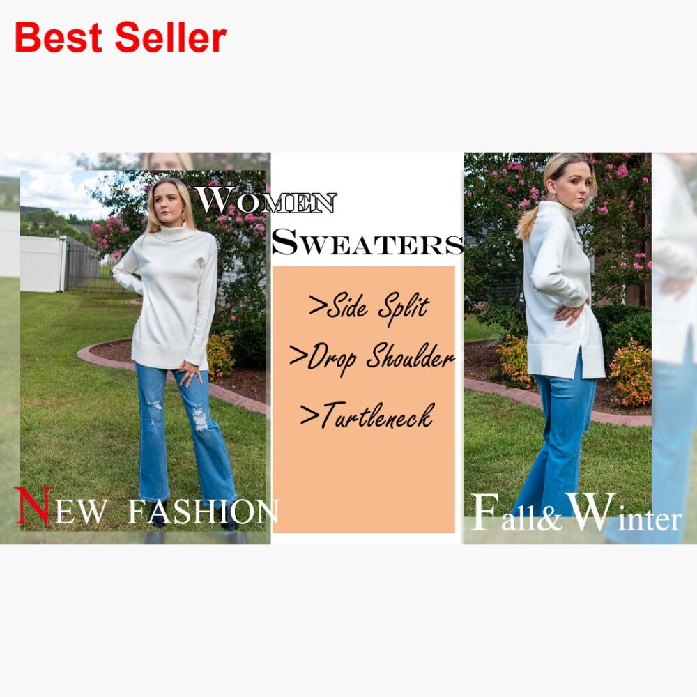 Turtleneck Pullover Sweater With Side Split Hem A… - image 7